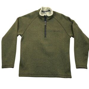 Columbia Men Sweater Large Pullover Sherpa Lined Cozy Olive Green 1/4 Zip Fleece